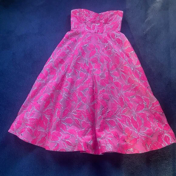 Like NEW ML Monique Lhuillier Amelia Strapless Floral Jacquard Gown Sz 12 - Picture 4 of 9